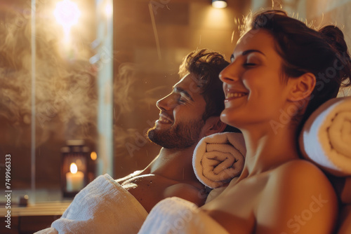 Embraced couple in love enjoying in sauna