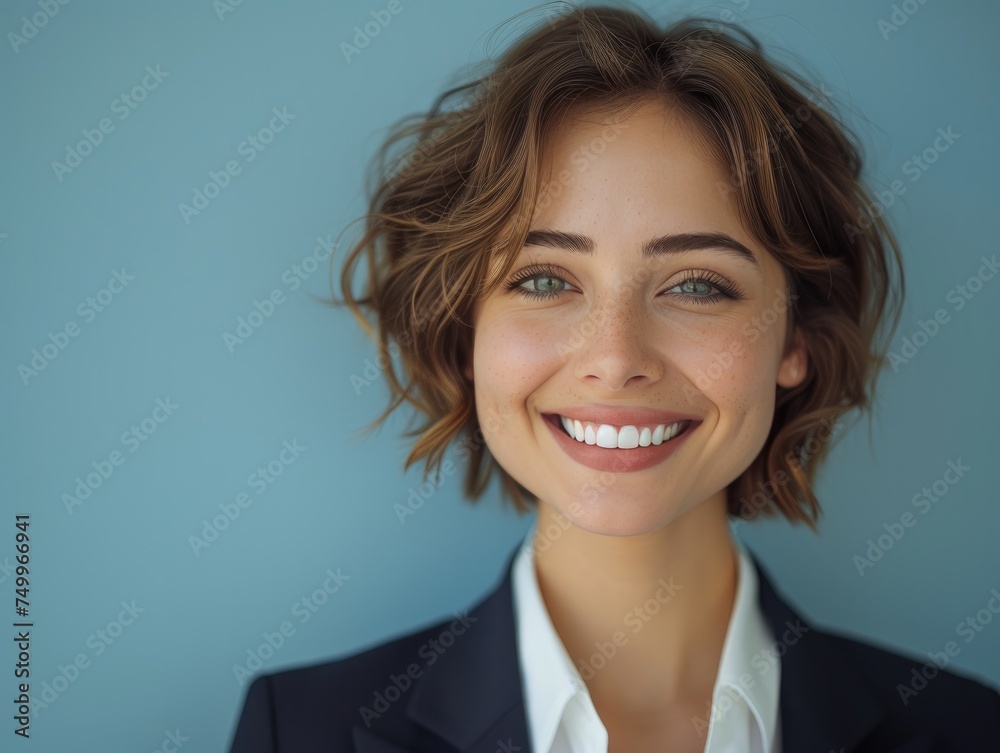happy smiling or laughing American female office worker with very short hair on professional background happy smiling or laughing American female office worker with very short hair on professional background