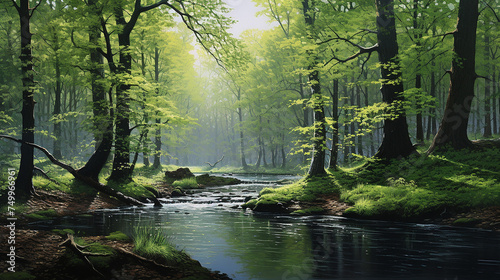 River in the spring forest. Lush forest with lake background