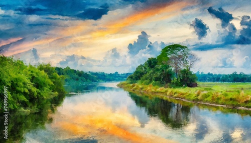 wallpaper watercolor painting colorful of the sky over the river © esta