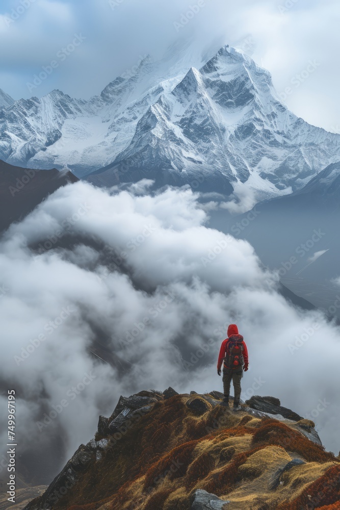 A lone hiker in a red jacket stands facing a towering, snow-capped mountain peak amidst swirling clouds and dramatic lighting