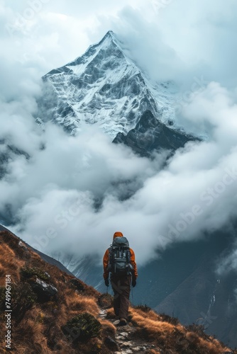 Amidst a rugged mountainous landscape, an individual trekker makes his way towards the base of a magnificent, cloud-wreathed mountain peak