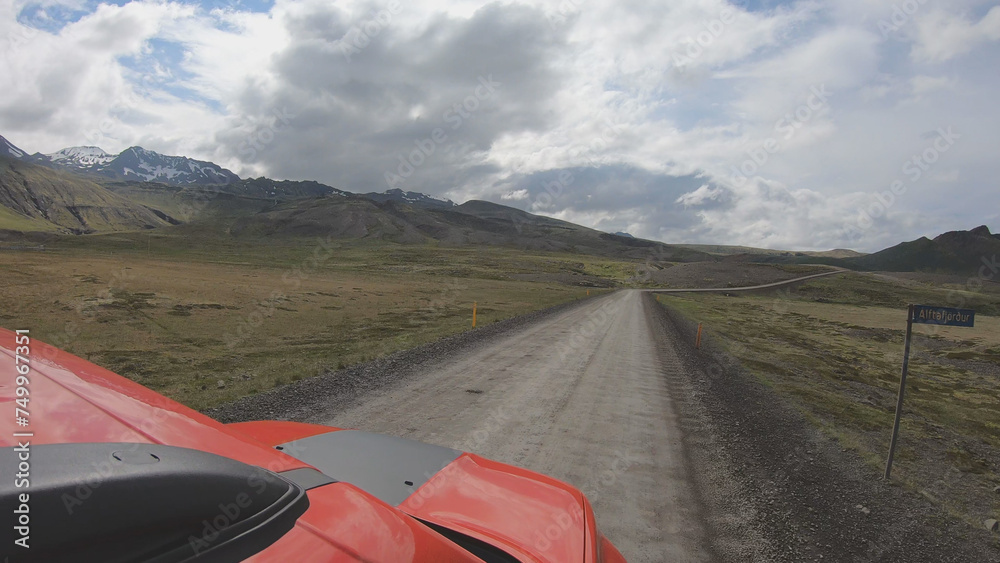 Driving in the Snaefellsnes Peninsula, Iceland. Driving to Grundarfjordur village.