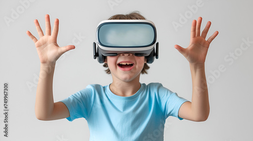 Happy kid with VR glasses on hishead. generative ai
