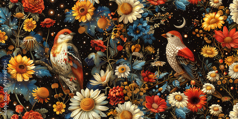 Beautiful botanical floral illustration with songbirds