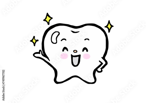 ピカピカでキラキラしているかわいい歯の手描きキャラクターイラスト