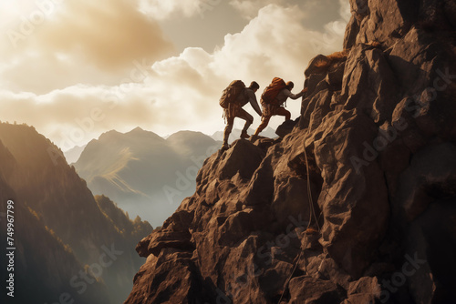 Climbers ascending mountain at sunset
