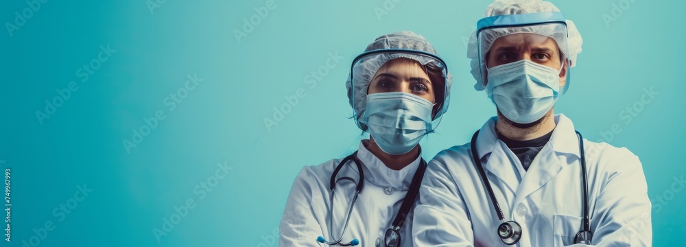 Two medical personnel in protective gear stand side-by-side against a blue background with their faces digitally obscured