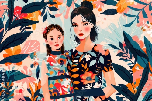A modern and stylish illustration for mother day, showcasing a chic mother daughter duo in fashionable outfits.