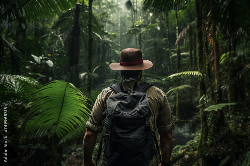 Adventurer exploring misty tropical rainforest