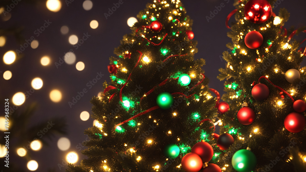 Christmas tree with red and green baubles on bokeh background