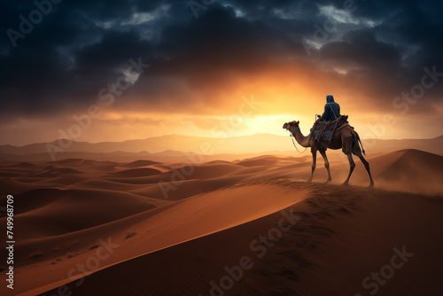 Desert wanderer on camel at sunset