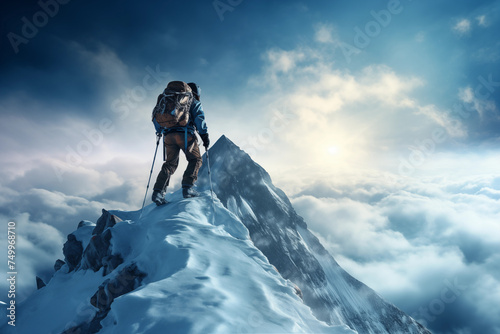 Mountaineer ascending snowy peak at dawn