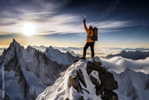Climber celebrates success atop a snowy peak against a stunning sunrise