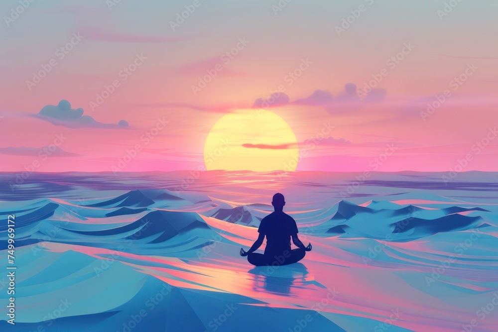 A modern and health conscious woman practicing yoga on a serene beach at sunrise.