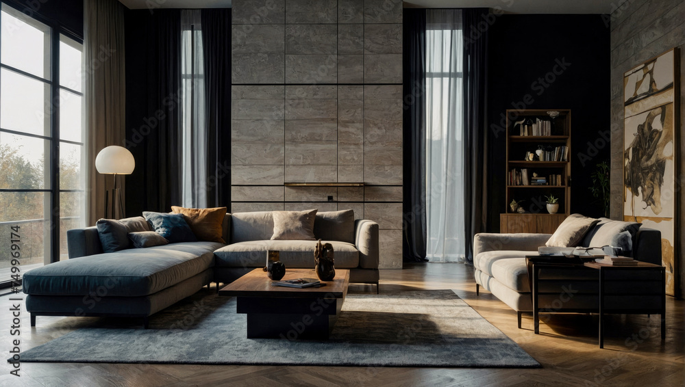 elegant modern apartment with sofa and a large television hanging on the wall and a large panoramic window elegant modern apartment with sofa and a large television hanging on the wall and a large panoramic window