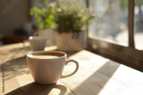 A cup of coffee on the table near the window
