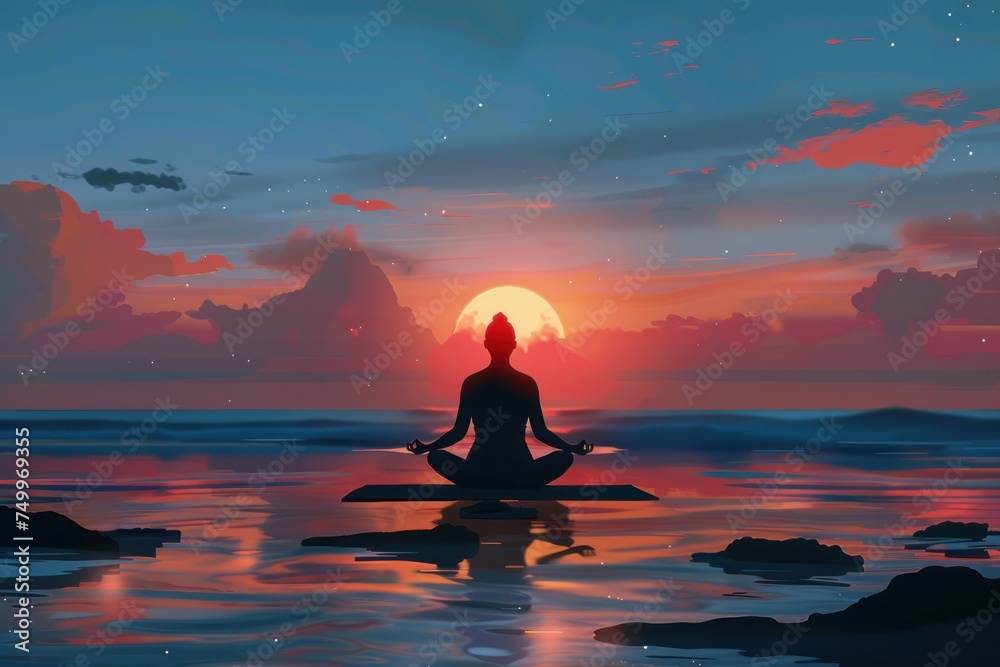 A modern and health conscious woman practicing yoga on a serene beach at sunrise.