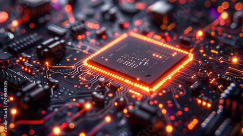 Glowing cpu chip on electronic circuit board