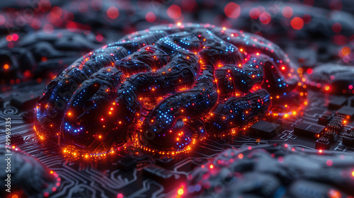 Sci-fi Futuristic artificial intelligence brain on circuit board