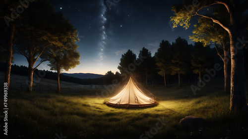 A grassy meadow under a canvas of stars, illuminated by fairy lights strung across the trees