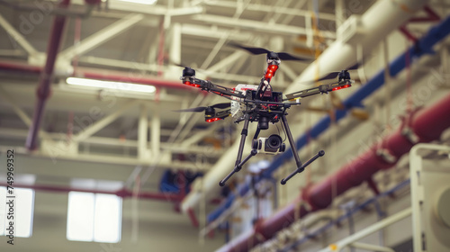 A remote controlled flying device hovers in a warehouse, navigating through the shelves and obstacles with precision and accuracy