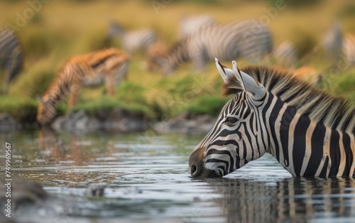 Close up of a young zebra quenching its thirst in a tranquil pond