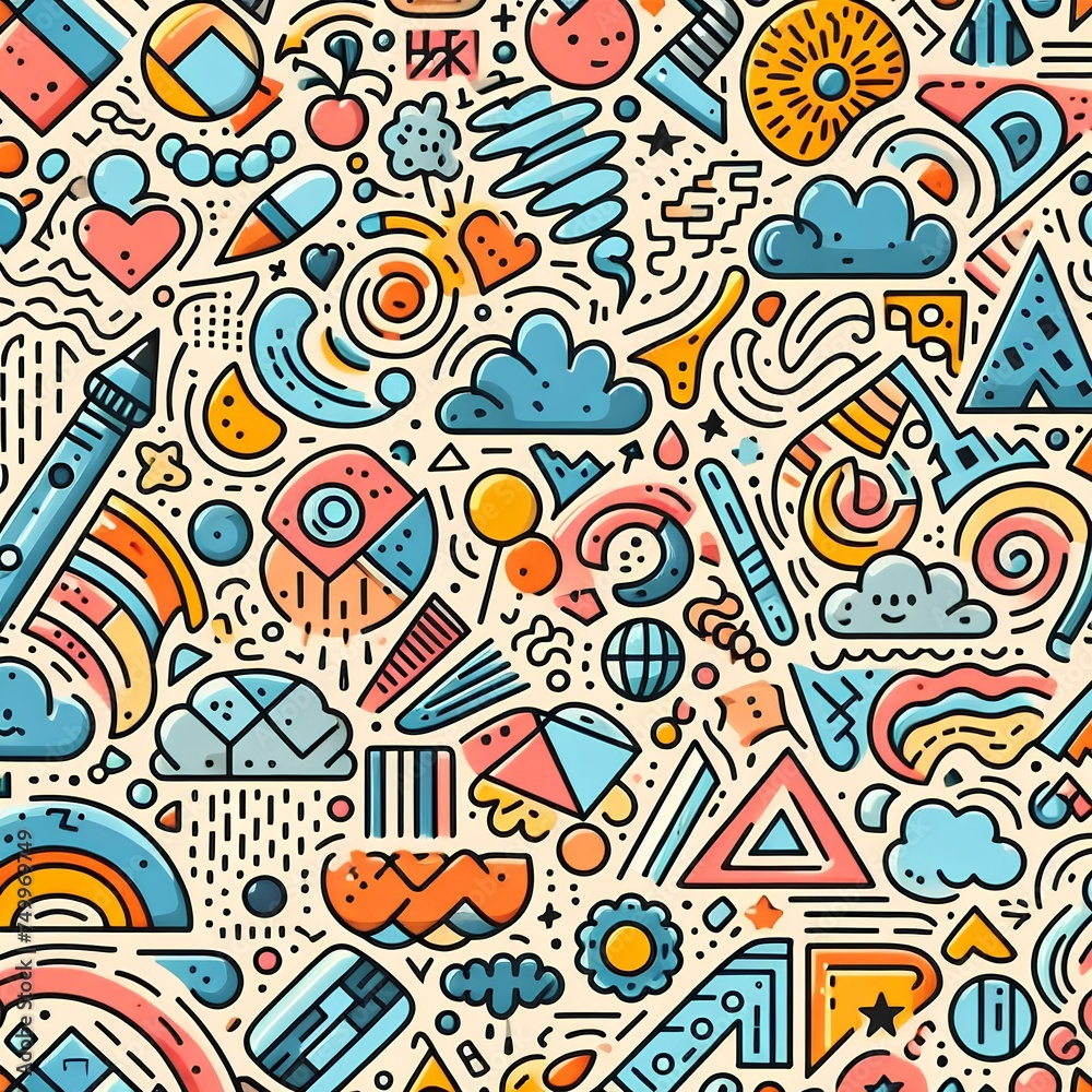 Fun colorful line doodle seamless pattern. Creative minimalist style art background.