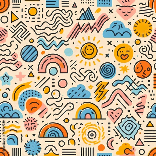 Fun colorful line doodle seamless pattern. Creative minimalist style art background.