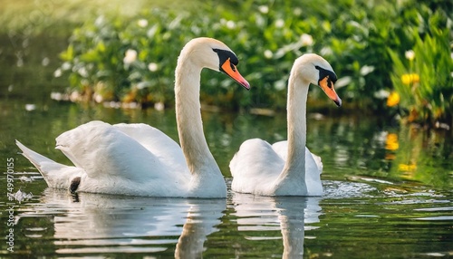 two adult white swans in a pond