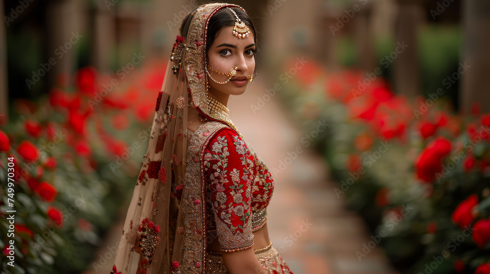 Fototapeta premium Lehenga Luxe: The Bride Velvet Ensemble with Dabka Elegance