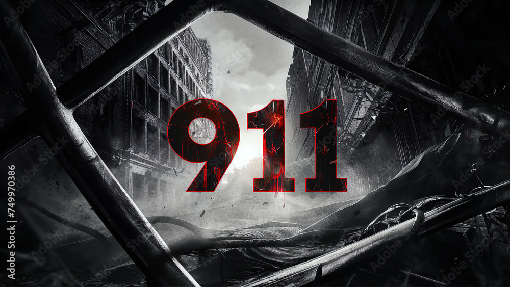 Black and white. 911. Red text: "never forget", typography, cinematic. Generative Ai - obrazy, fototapety, plakaty 