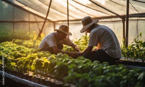 Amidst lush greenery, two agricultural workers engage in a serious discussion over plant care in a radiant greenhouse photo