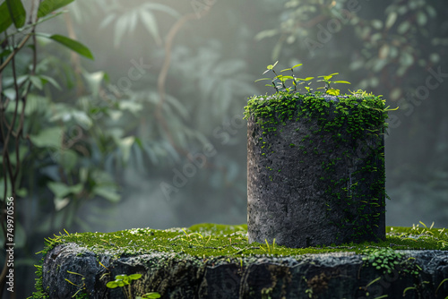 Dark green cylinder moss podium natural and serene against a misty forest in the morning light photo