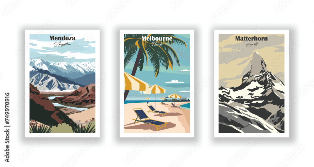 Matterhorn, Zermatt. Melbourne, Florida. Mendoza, Argentina - Set of 3 Vintage Travel Posters. Vector illustration. High Quality Prints