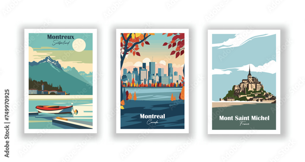 Mont Saint Michel, France. Montreal, Canada. Montreux, Switzerland - Set of 3 Vintage Travel Posters. Vector illustration. High Quality Prints
