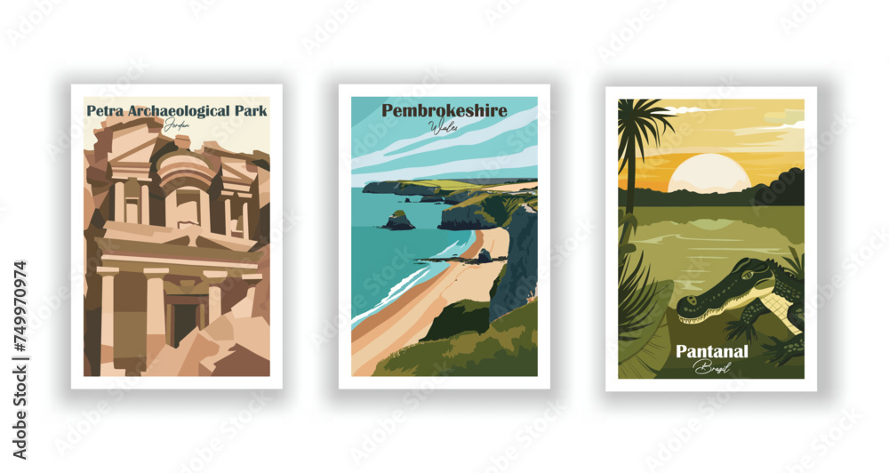 Pantanal, Brazil. Pembrokeshire, Wales. Petra Archaeological Park, Jordan - Set of 3 Vintage Travel Posters. Vector illustration. High Quality Prints