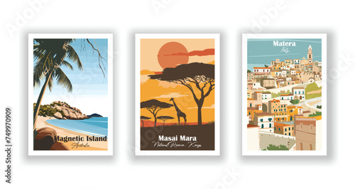 Magnetic Island, Australia. Masai Mara National Reserve, Kenya. Matera, Italy - Set of 3 Vintage Travel Posters. Vector illustration. High Quality Prints