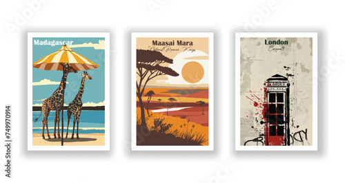 London. Maasai Mara National Reserve, Kenya. Madagascar - Set of 3 Vintage Travel Posters. Vector illustration. High Quality Prints photo