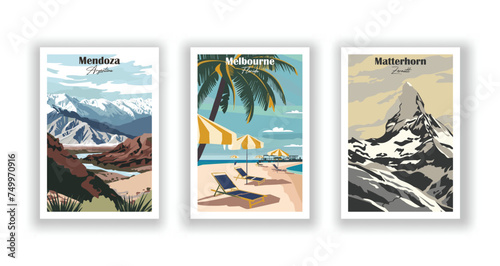 Matterhorn, Zermatt. Melbourne, Florida. Mendoza, Argentina - Set of 3 Vintage Travel Posters. Vector illustration. High Quality Prints