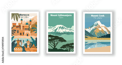 Morocco, North Africa. Mount Kilimanjaro, Tanzania. Mount Cook, New Zealand - Set of 3 Vintage Travel Posters. Vector illustration. High Quality Prints