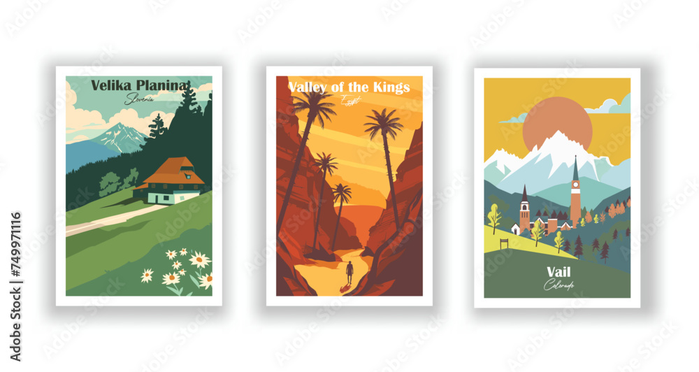 Vail, Colorado. Valley of the Kings, Egypt. Velika Planina, Slovenia - Set of 3 Vintage Travel Posters. Vector illustration. High Quality Prints