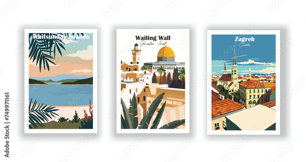 Fototapeta premium Wailing Wall, Jerusalem, Israel. Whitsunday Islands, Australia. Zagreb, Croatia - Set of 3 Vintage Travel Posters. Vector illustration. High Quality Prints