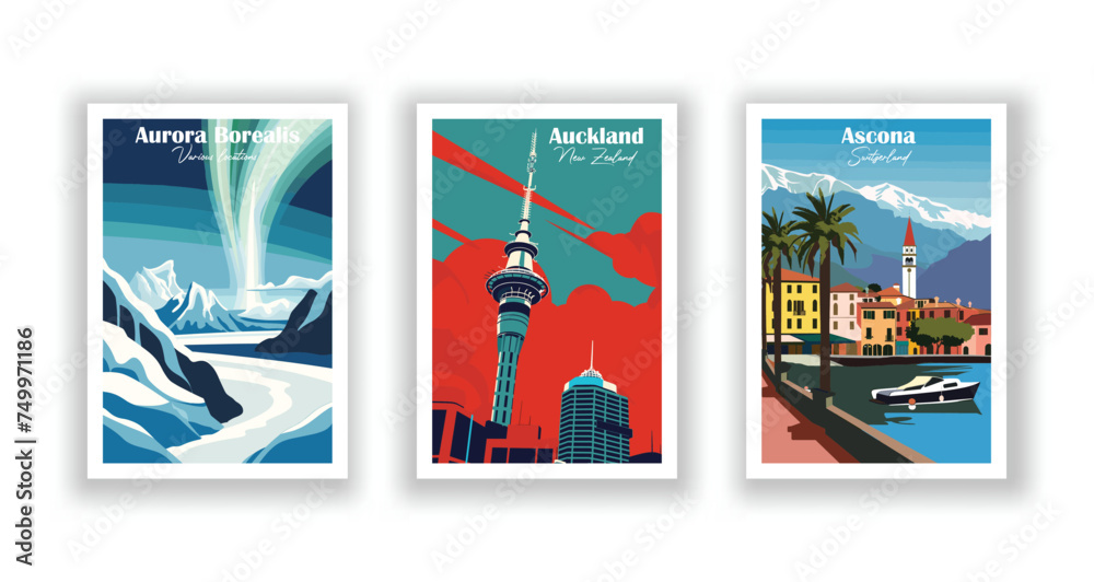 Ascona, Switzerland. Auckland, New Zealand. Aurora Borealis, Various locations - Set of 3 Vintage Travel Posters. Vector illustration. High Quality Prints