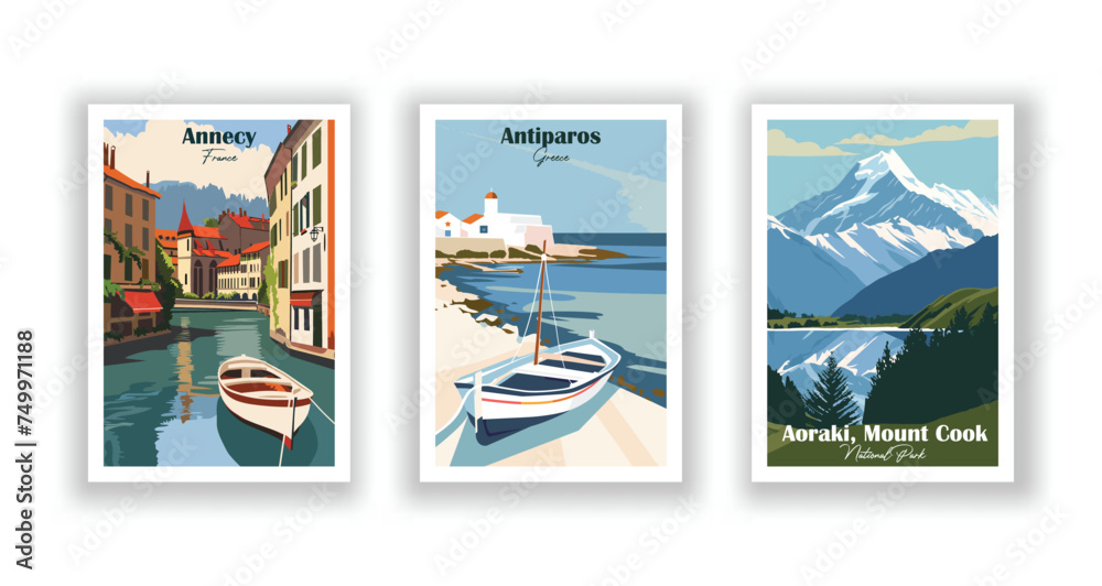 Annecy, France. Antiparos, Greece. Aoraki, Mount Cook, National Park, New Zealand - Set of 3 Vintage Travel Posters. Vector illustration. High Quality Prints