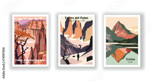 Torres del Paine National Park, Chile. Tryfan, Wales. Tsingy de Bemaraha Strict Nature Reserve, Madagascar - Set of 3 Vintage Travel Posters. Vector illustration. High Quality Prints photo