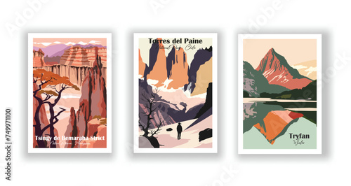 Torres del Paine National Park, Chile. Tryfan, Wales. Tsingy de Bemaraha Strict Nature Reserve, Madagascar - Set of 3 Vintage Travel Posters. Vector illustration. High Quality Prints