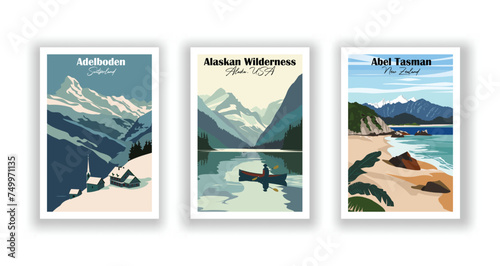 Abel Tasman, New Zealand. Adelboden, Switzerland. Alaskan Wilderness, Alaska, USA - Set of 3 Vintage Travel Posters. Vector illustration. High Quality Prints