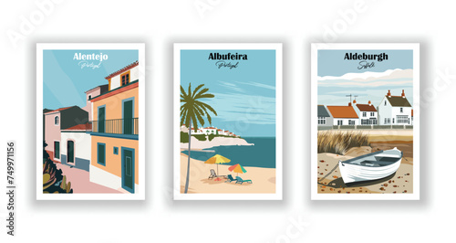 Albufeira, Portugal. Aldeburgh, Suffolk. Alentejo, Portugal - Set of 3 Vintage Travel Posters. Vector illustration. High Quality Prints