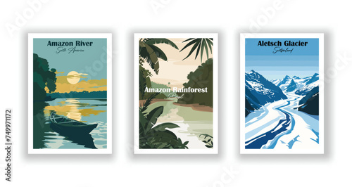 Aletsch Glacier, Switzerland. Amazon Rainforest, Brazil. Andes, South America - Set of 3 Vintage Travel Posters. Vector illustration. High Quality Prints